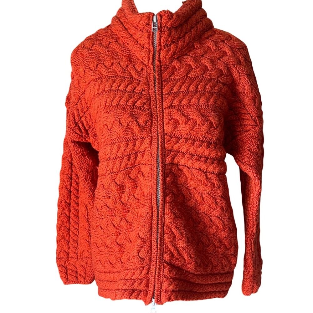 Carraig Donn Orange Merino Wool Cable Knit Zip Up Cardigan Sweater Womens Medium